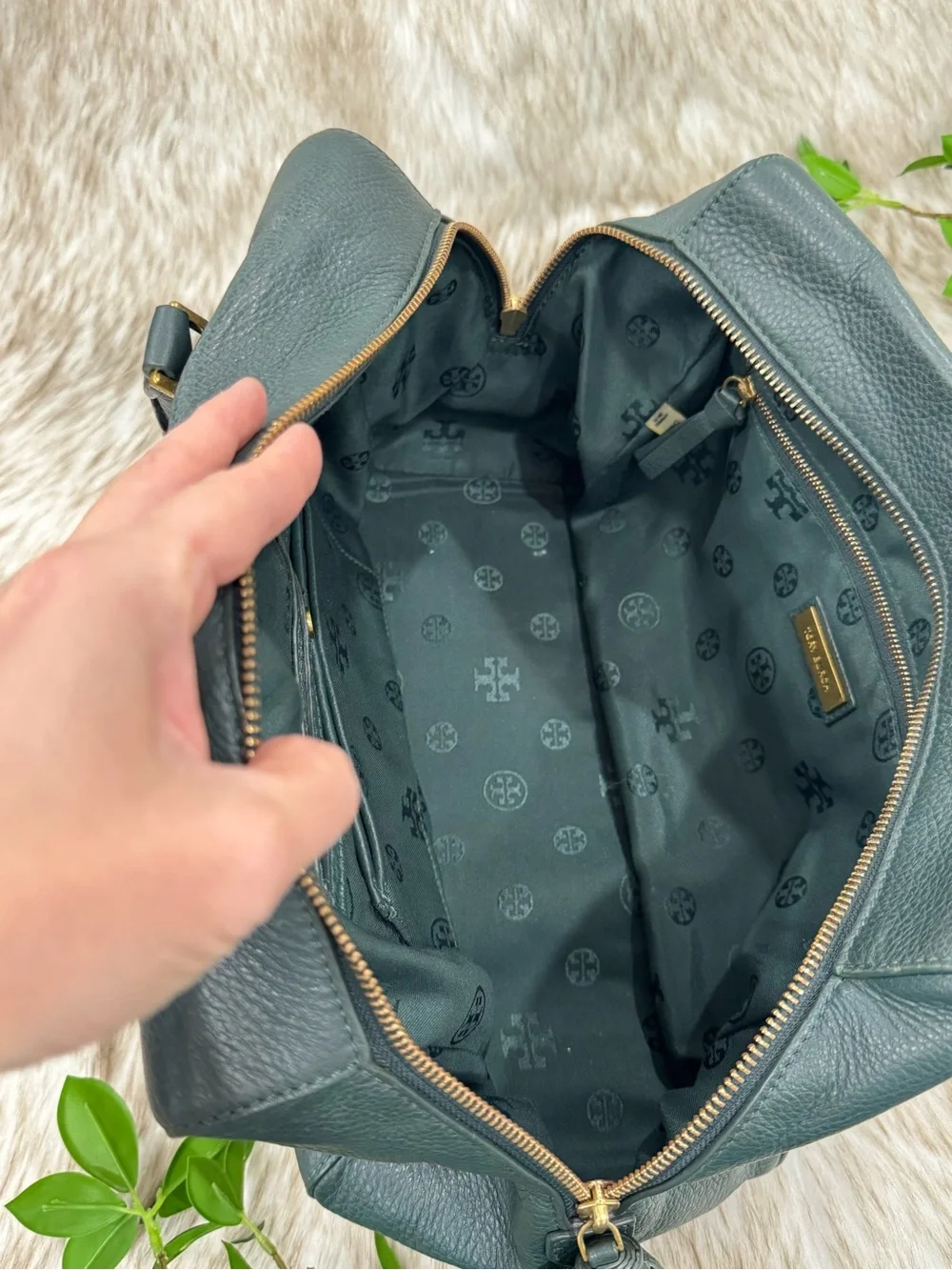 Tory Burch Green Pebbled Leather Satchel with Gold Hardware